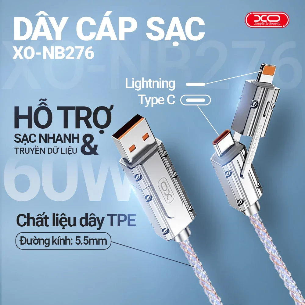 Dây cáp XO-NB295 4 Cổng, Sạc Nhanh Đa Năng, Truyền Dữ Liệu 480Mbs, Siêu Bền, Dài 1m2 Chưa có đánh giá