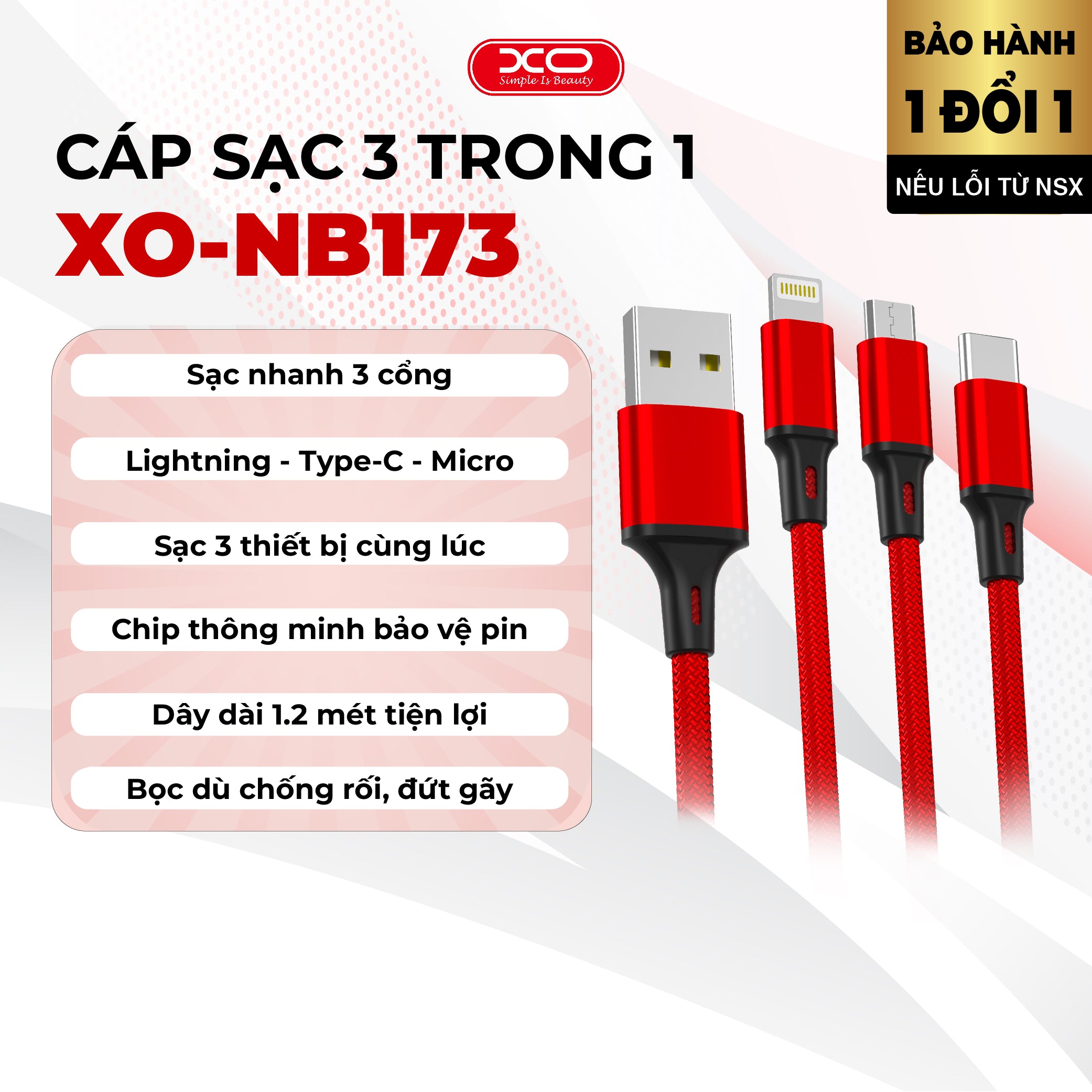 Cáp Sạc Đa Năng 3 Đầu XO NB173 Chính Hãng – Lightning/Type-C/Micro USB - Sạc Nhanh 2.4A, Bọc Dây Dù Siêu Bền, Tích Hợp Chip Bảo Vệ Cháy Nổ