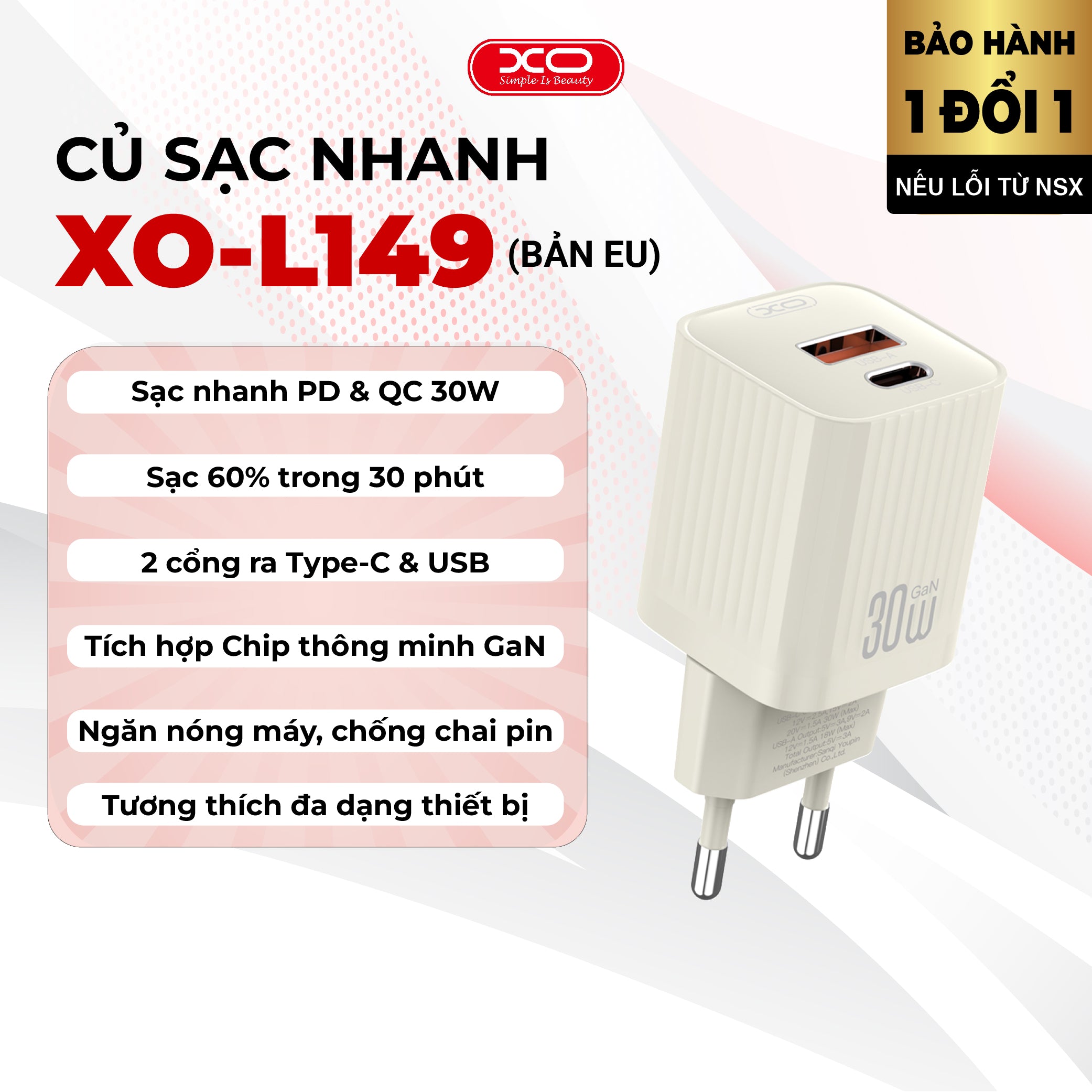 XO-L149 - Củ sạc nhanh GaN 30W, củ sạc 2 cổng sạc USB-A và USB-C, công nghệ sạc PD và QC, sạc cho Android, iOS, iPhone, iPad, laptop, chất liệu chống cháy nổ,  bảo hành 1 đổi 1