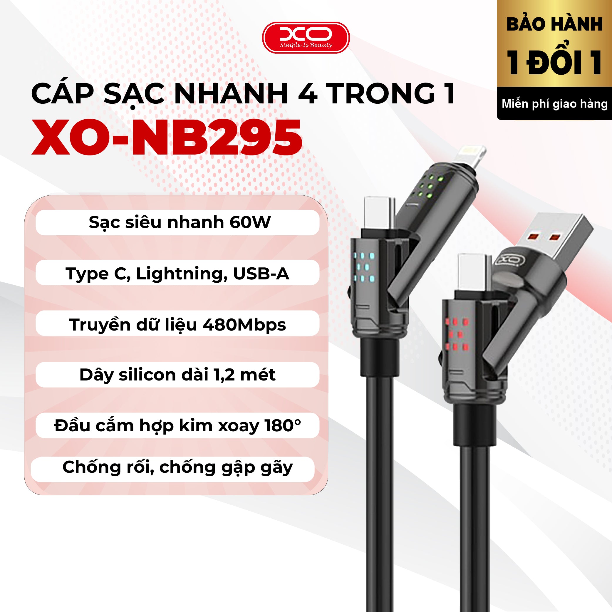 [XO] Dây cáp sạc nhanh đa năng 4 trong 1, công suất mạnh 60W, truyền dữ liệu 480Mbs, dây silicon dài 1 mét 2, chống rối, chống đứt gãy, đầu cắm kim loại, đa cổng sạc Type C, Lightning, USB, sạc điện thoại Android, sạc Iphone,bảo hành 1 đổi 1