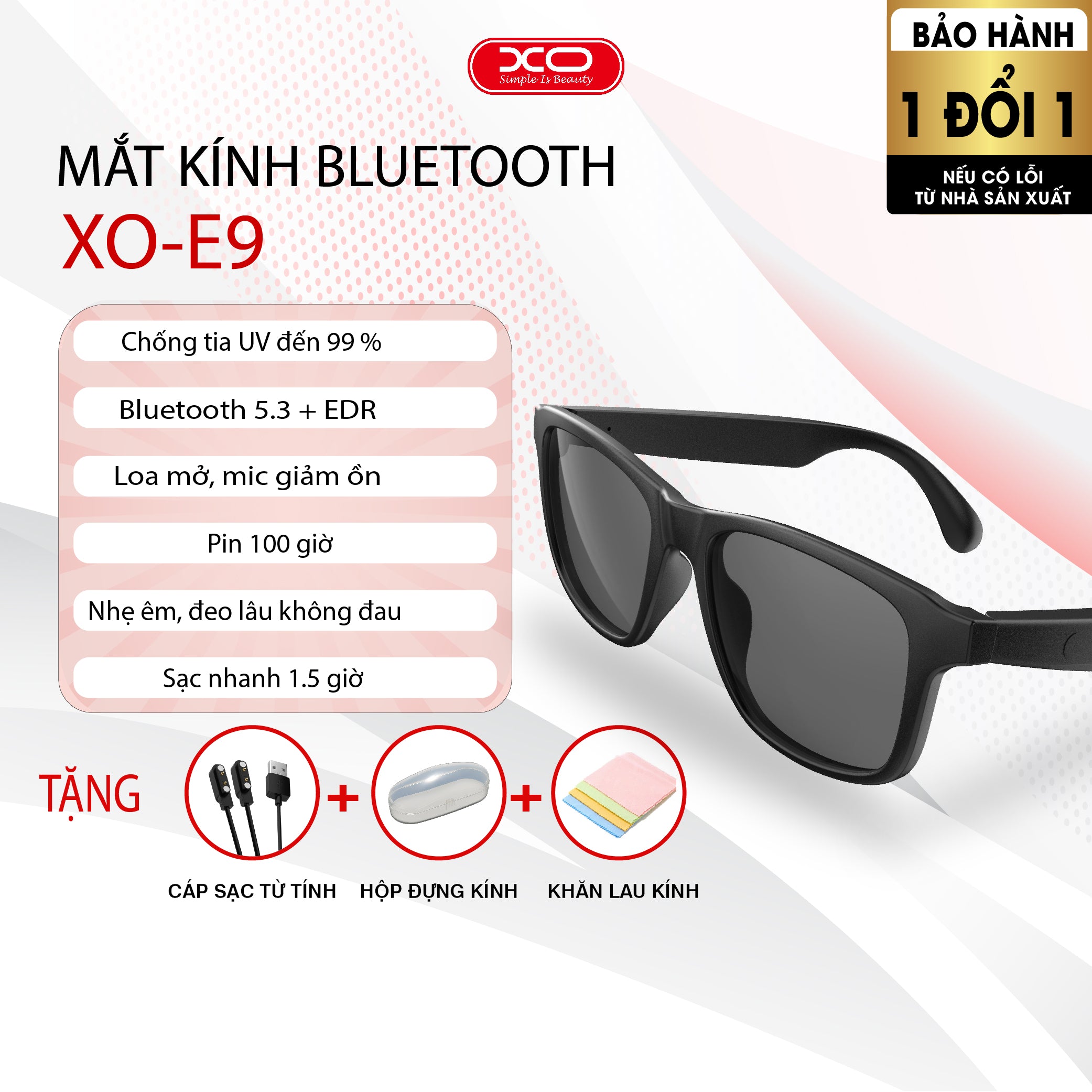 KÍNH THÔNG MINH THỜI TRANG XO-E9 UNISEX, MẮT KÍNH KẾT NỐI BLUETOOTH V5.3 CHỐNG TIA UV CHỐNG THẤM NƯỚC. NGHE NHẠC & NGHE GỌI RẢNH TAY, CHẤT LƯỢNG CHUẨN MỸ & CHÂU ÂU, SẠC MAGNETIC, THỜI GIAN CHỜ 100 GIỜ
