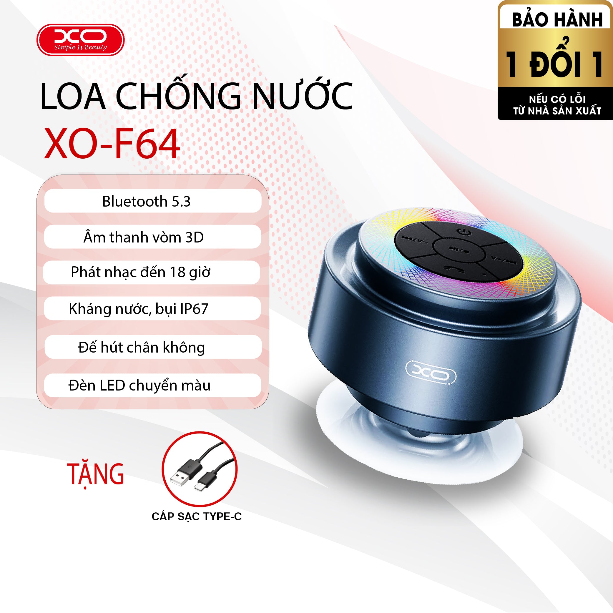 [XO] Loa Bluetooth Mini chống nước - 18h hoạt động - XO F64 - Đèn Led RGB 6 màu thay đổi theo nhạc, Bluetooth 5.3,  Âm Bass Mạnh
