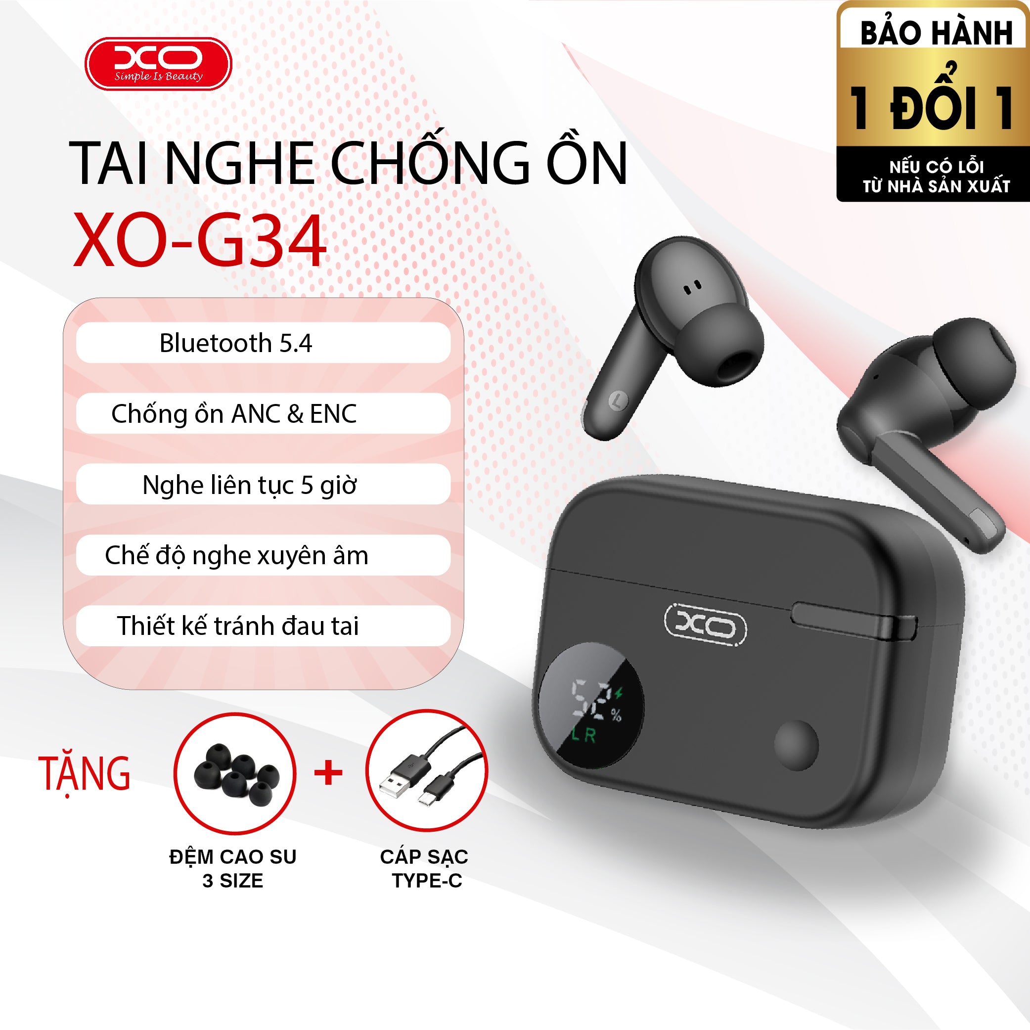 [XO] Tai nghe XO G34 Tws Tai nghe Bluetooth 5.4 không dây Tai nghe chơi game thể thao chống ồn ANC + ENC tích hợp micro
