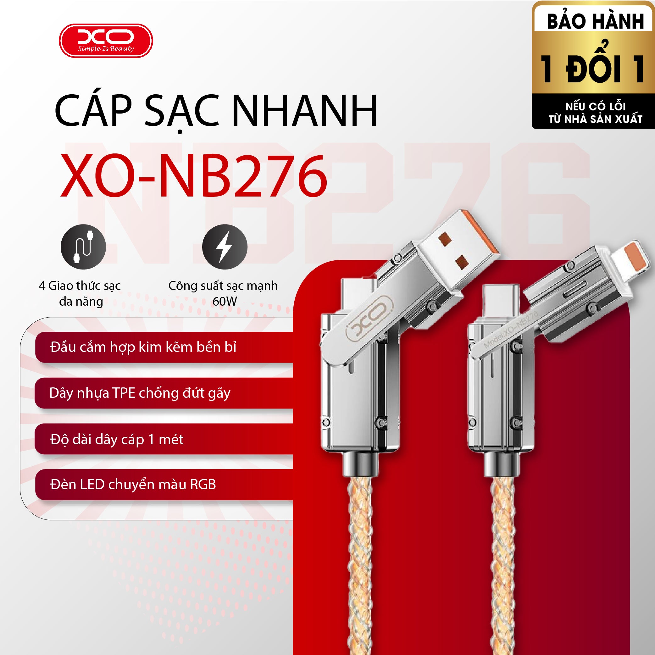 [XO] Cáp Sạc XO-NB276 Siêu Bền – Siêu Chất – Chuẩn Xuất Khẩu Châu Âu, Full Đầu Sạc Lightning, Type-C, USB-C, USB-A, Sạc Điện Thoại, iPad, Laptop, Bọc PVC, Đầu Hợp Kim ,Bảo Hành Uy Tín