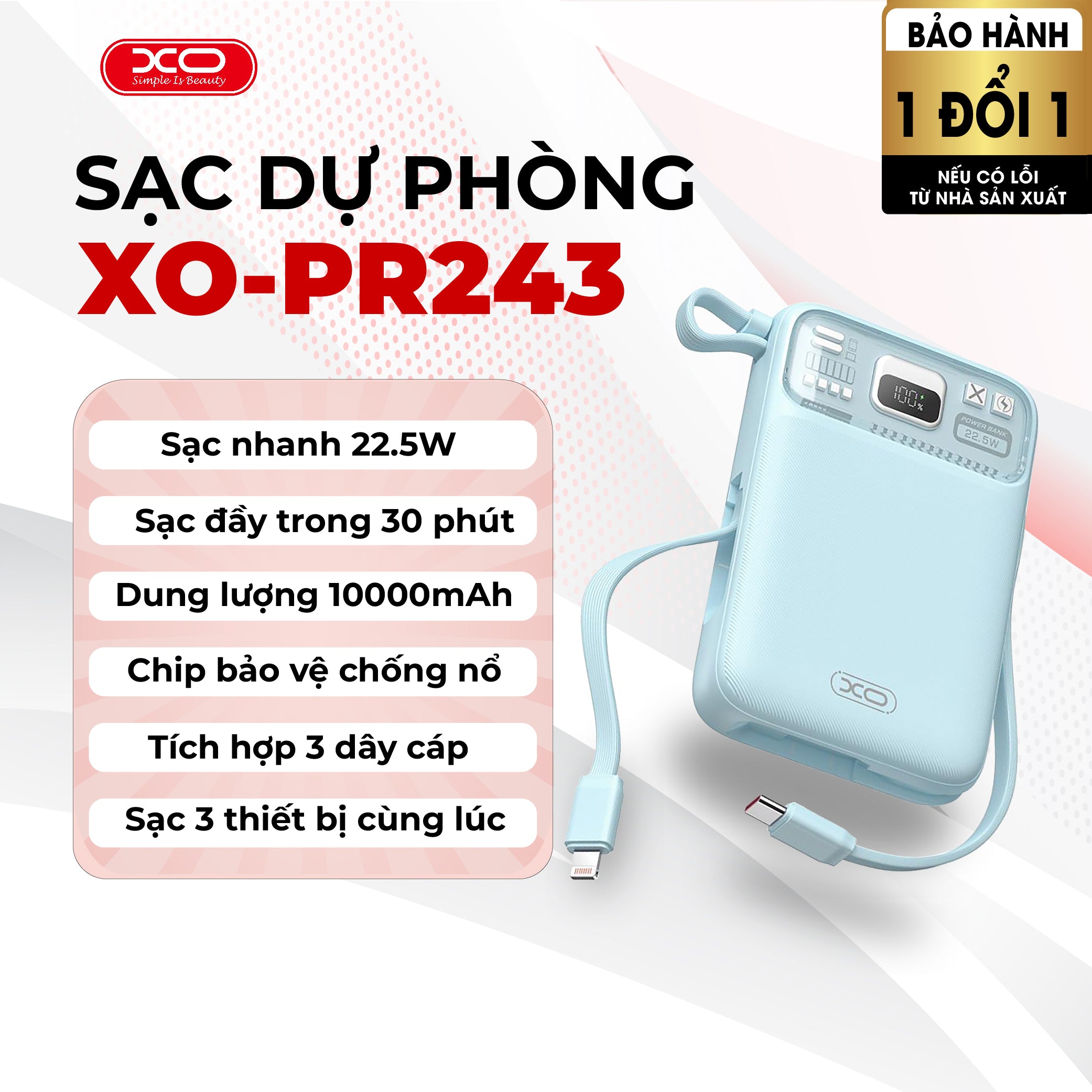 [XO] Sạc dự phòng XO PR243 Sạc nhanh 22.5W 10000mAh, đa năng tương thích Ap.ple, Android, có màn hình kỹ thuật số và đầu ra USB-A, USB-C