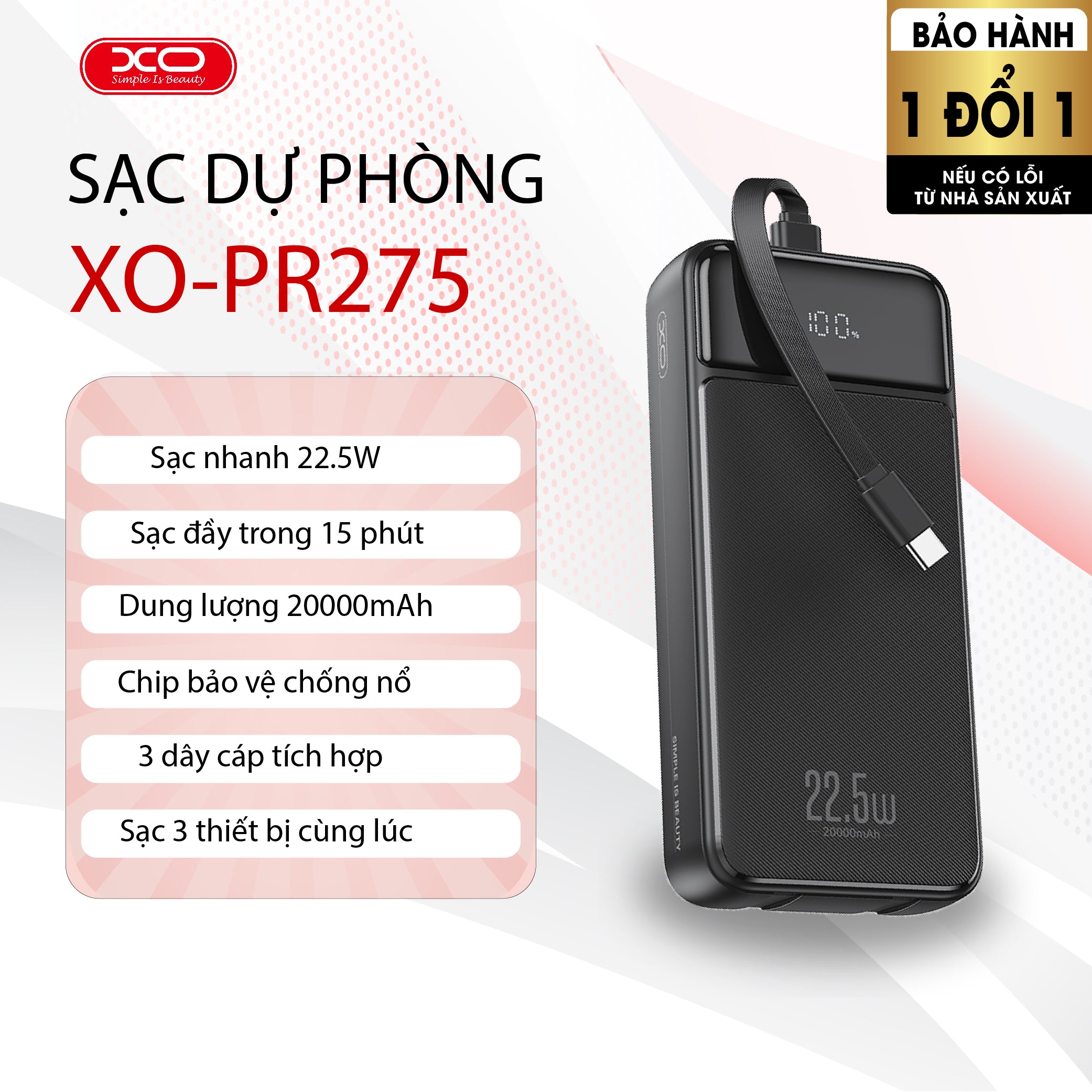 [XO] Pin Sạc Dự Phòng XO-PR275 20.000mAh sạc nhanh 22.5W, sạc PD & QC, cổng sạc Type-C, Lightning, USB-A, màn hình kỹ thuật số, tích hợp 3 dây cáp, sạc cùng lúc nhiều thiết bị