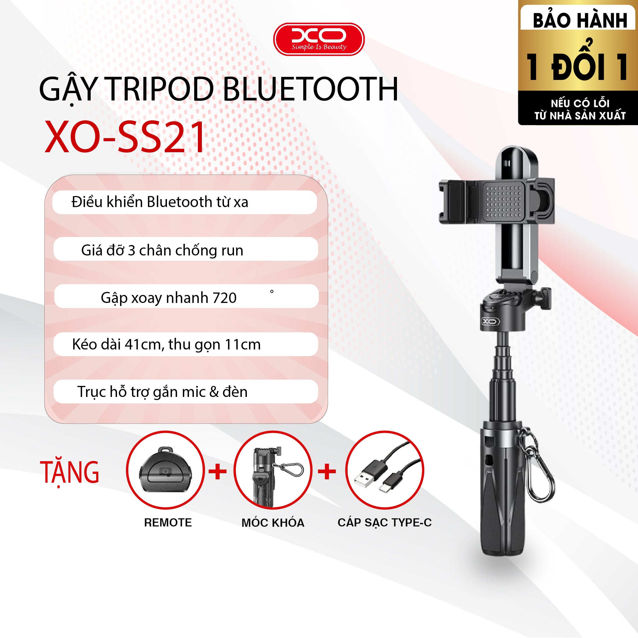 Gậy chụp ảnh Selfie 4 chân XO SS21  Thế Hệ Mới Selfie Chụp Hình Điều Khiển Từ Xa Remote Bluetooth