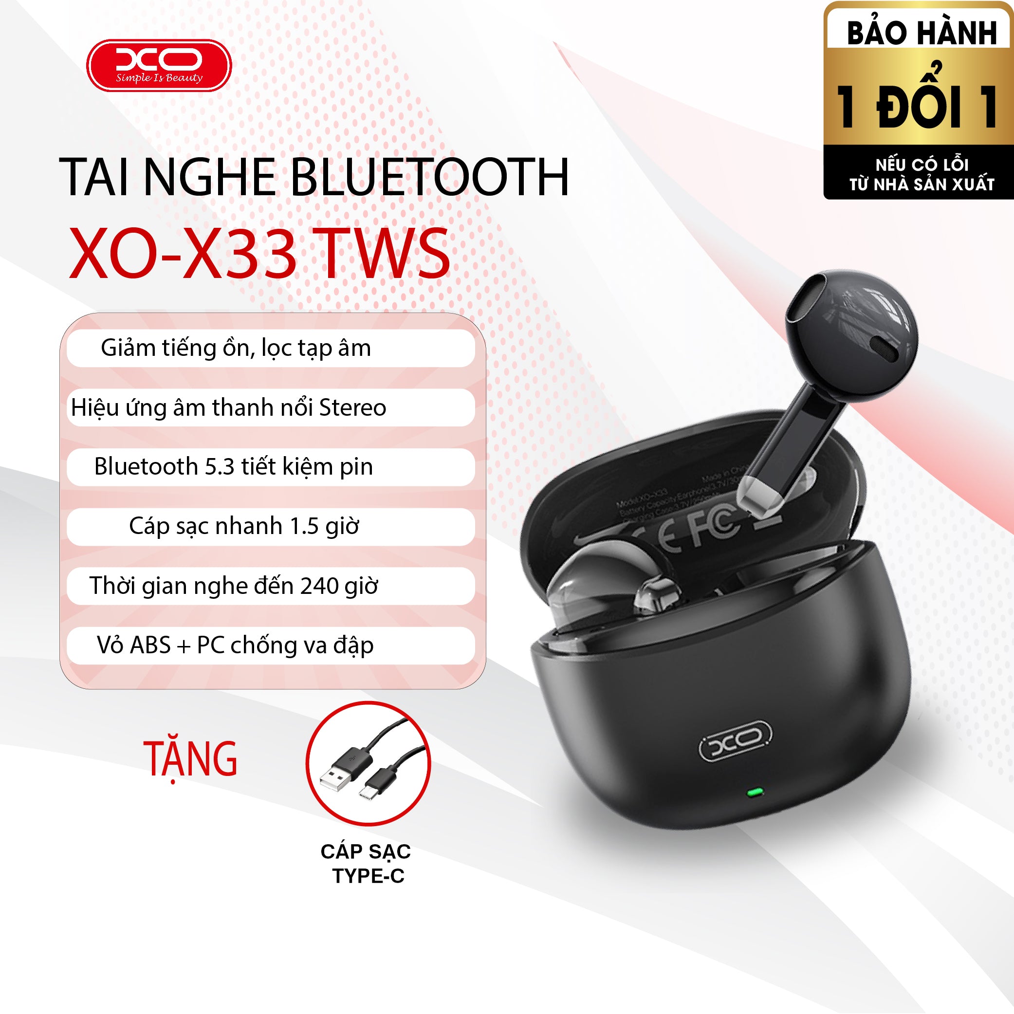Tai nghe Bluetooth XO-X33 TWS - Chống ồn AI, âm thanh nổi Hi-Fi, micro giảm tiếng ồn ENC, pin trâu 240h giờ, điều khiển cảm ứng, Bluetooth 5.3, bảo hành 1 đổi 1, tặng cáp sạc Type-C