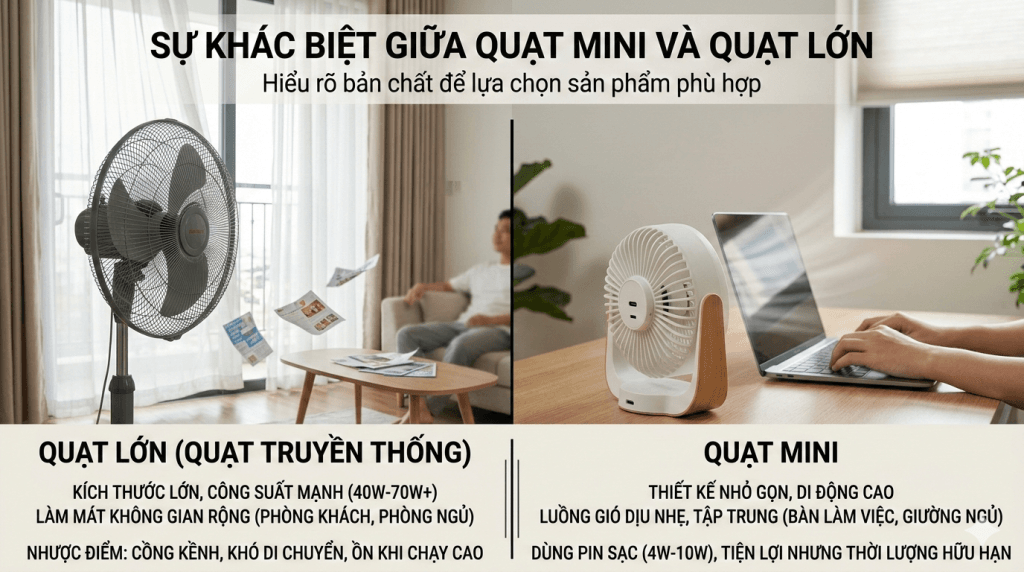 Sự khác biệt quạt mini và quạt lớn