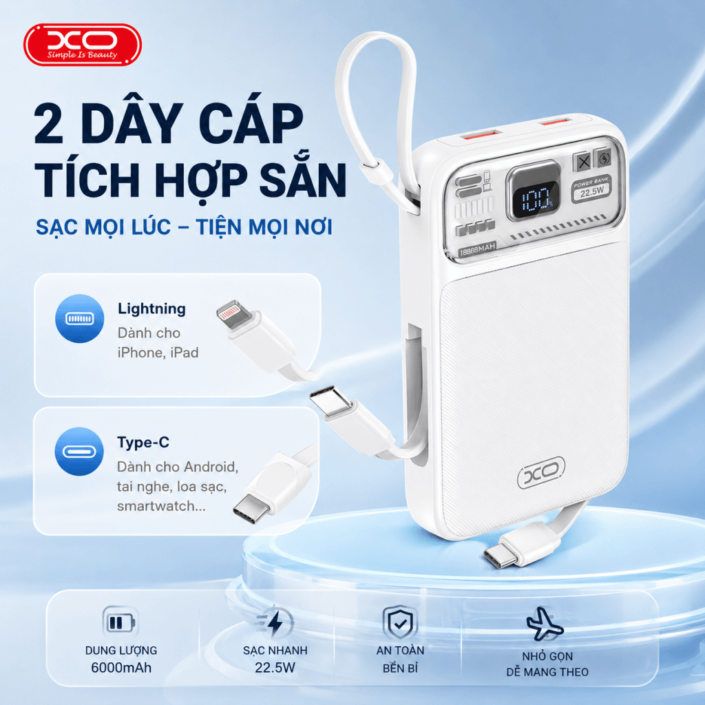 Tích hợp sẵn 2 dây cáp