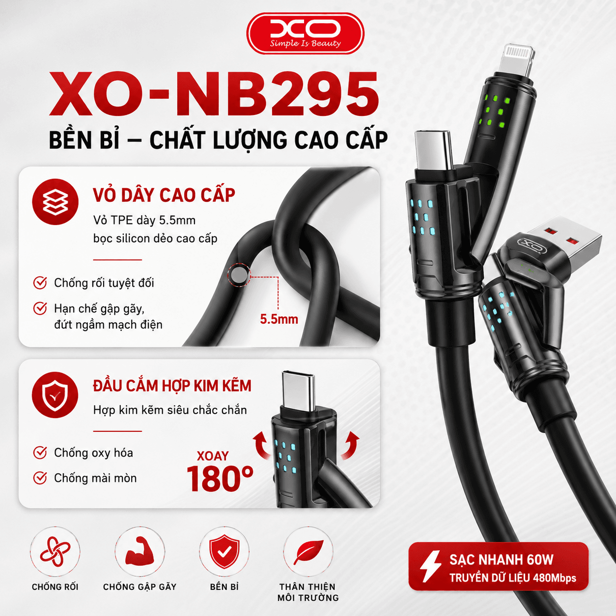 Dây sạc nhanh cao cấp XO-NB295